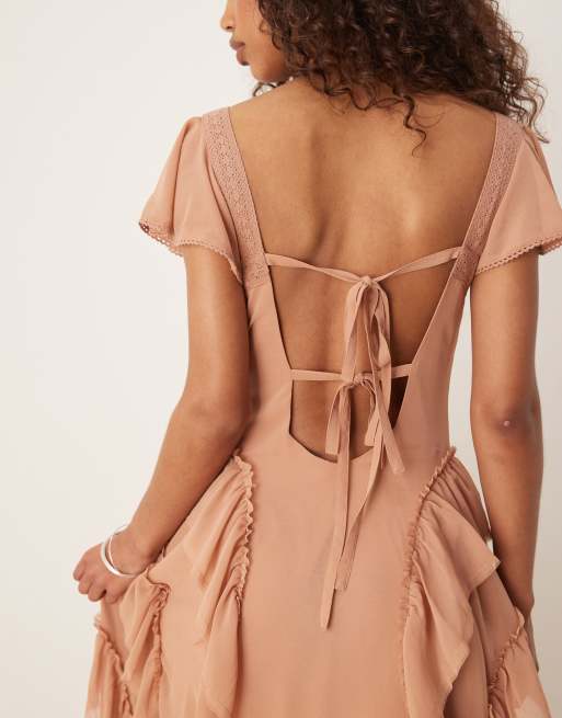 ASOS DESIGN button front frilly maxi dress in sand, 2 of 4