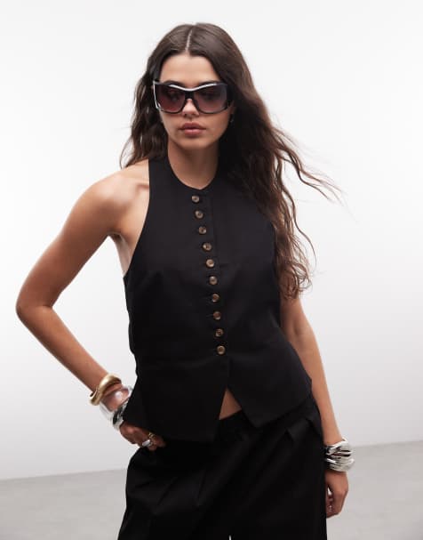 ASOS DESIGN button front halterneck vest in black - part of a set - view 1