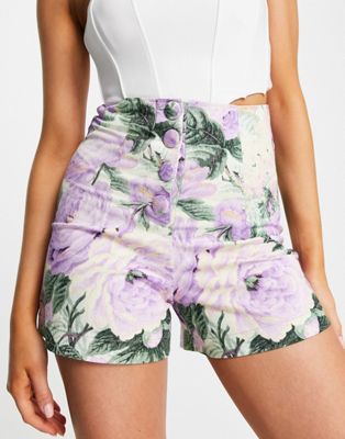 ASOS DESIGN button front high waisted shorts in bold floral print