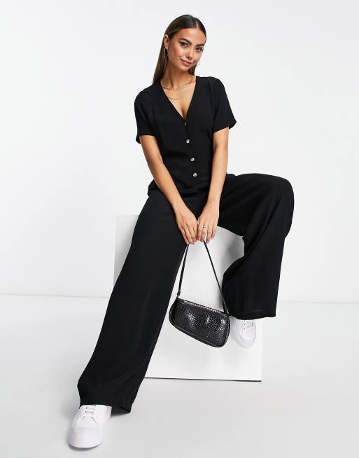 ASOS DESIGN one-shoulder ribbed jumpsuit in washed charcoal