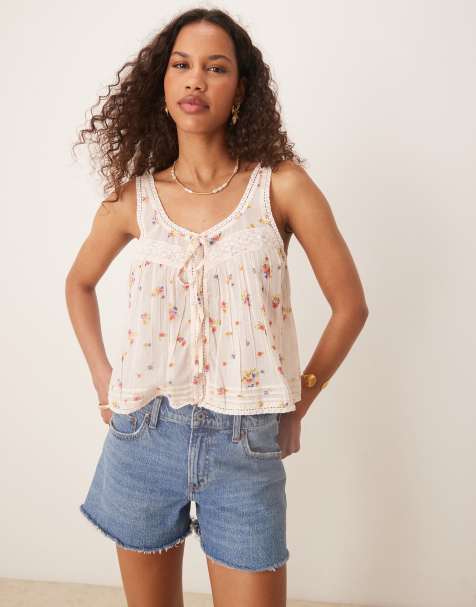 ASOS DESIGN button front lace trim cami in floral print - view 1
