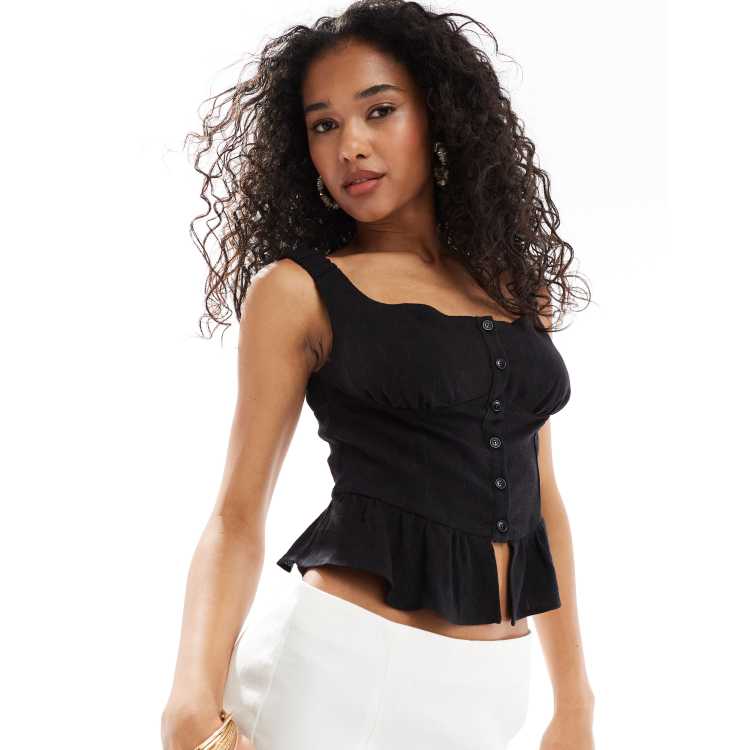 【EEUN】Necklace button corset t ASOS DESIGN button front linen look corset top in black | ASOS