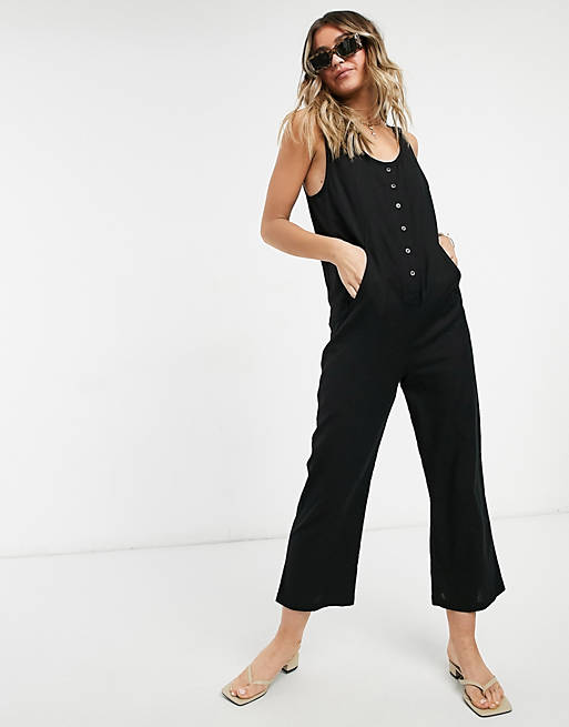 Women button front linen minimal chuck on jumpsuit in black 