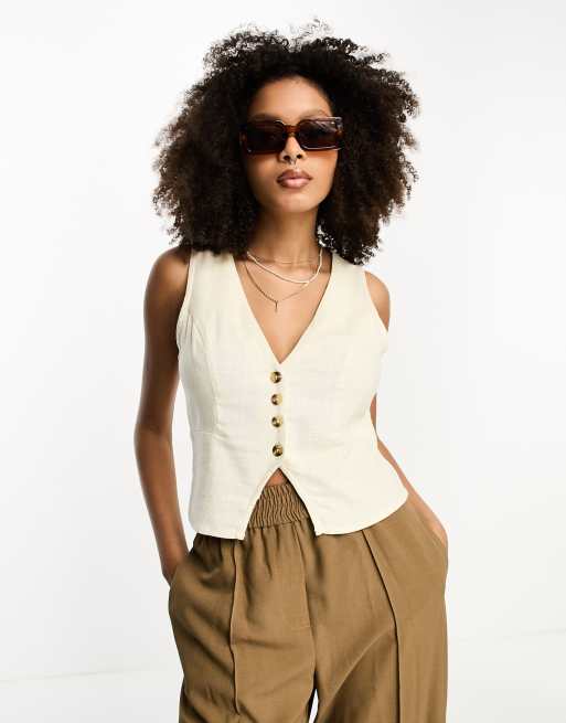 ASOS DESIGN button front linen vest in oatmeal