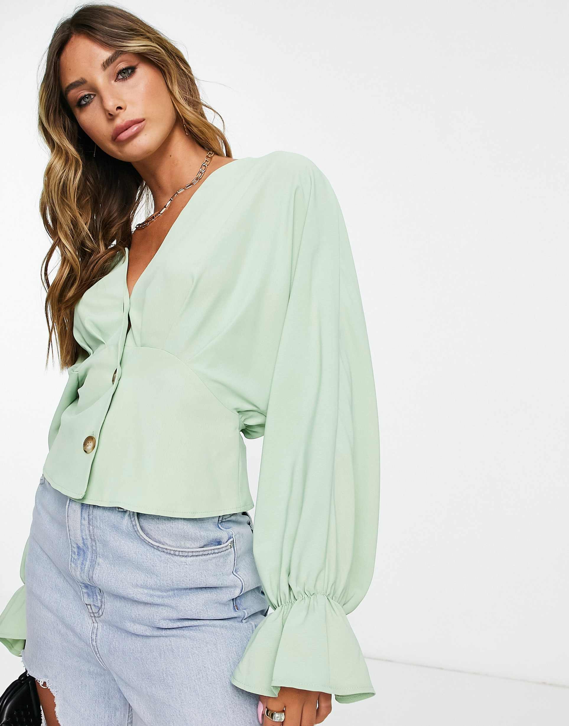 asos design button front long sleeve tea blouse with pleat detail in pistachio green