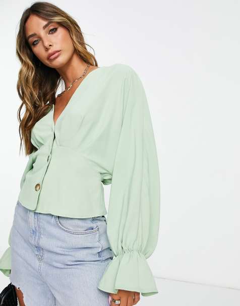 ASOS DESIGN button front long sleeve tea blouse with pleat detail in pistachio green