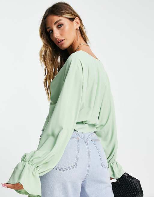 ASOS DESIGN button front long sleeve tea blouse with pleat detail in pistachio green, 2 of 4