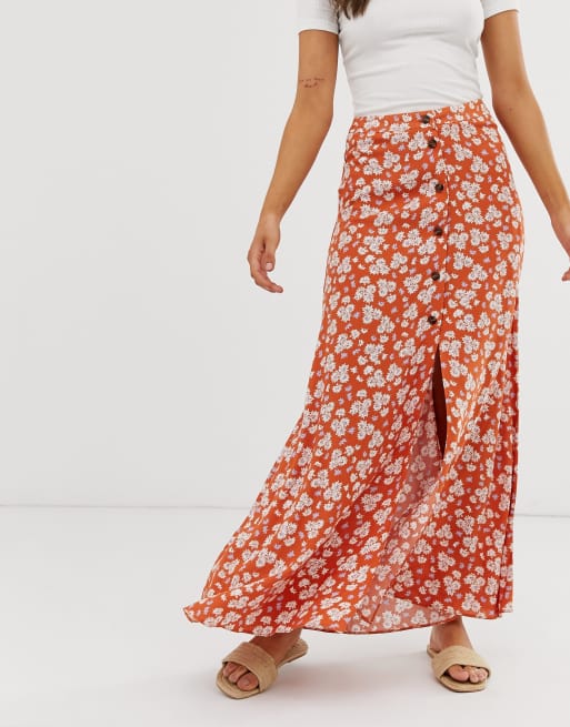 ASOS DESIGN button front maxi skirt in brown floral print