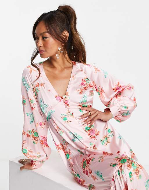 ASOS DESIGN button front maxi tea dress in pink floral print