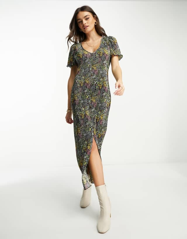 ASOS DESIGN button front midi plisse dress in ditsy floral print