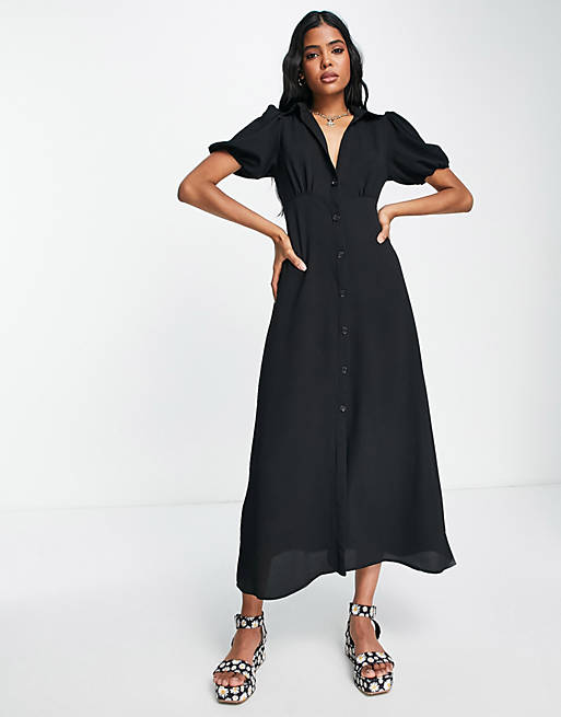 ASOS DESIGN button front midi shirt tea dress in black | ASOS