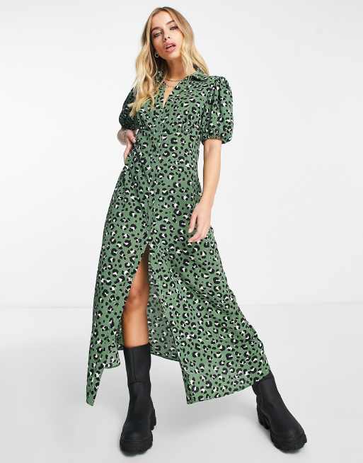 ASOS DESIGN button front midi shirt tea dress in green abstract print