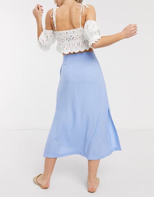ASOS DESIGN button front midi skirt in blue, 2 of 4