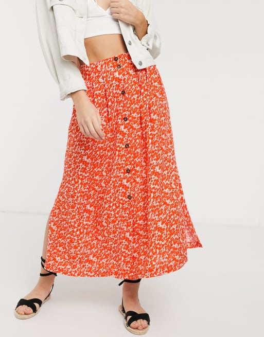 Floral button clearance front midi skirt