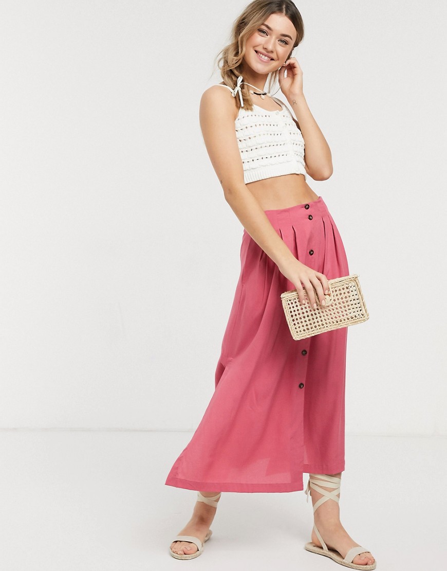 ASOS DESIGN button front midi skirt in rose-Pink