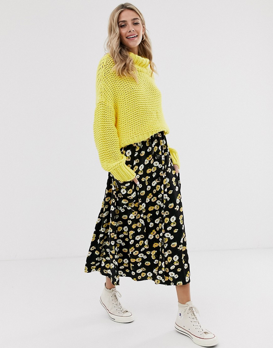 ASOS DESIGN button front midi skirt with pockets in yellow floral-Multi