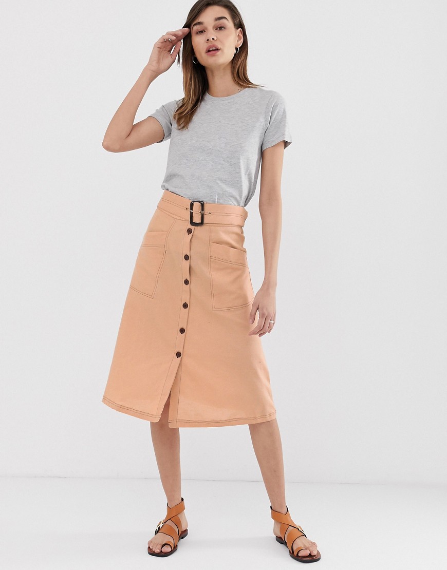 ASOS DESIGN button front midi skirt with tortoise shell belt and contrast stitching-Stone