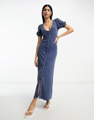 Asos Design Button Front Midi Tea Dress In Washed Blue-multi