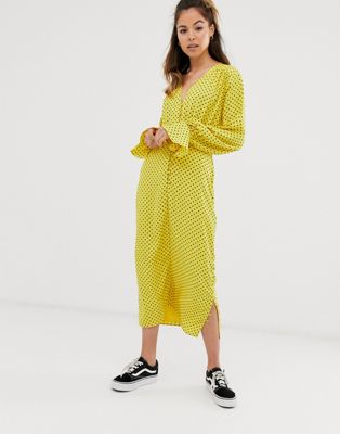 ASOS DESIGN button front midi tea dress with fluted sleeve in yellow ...