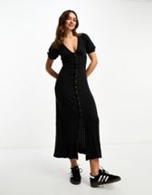 ASOS DESIGN Maternity ultimate midi tea dress with collar and floral  embroidery in black