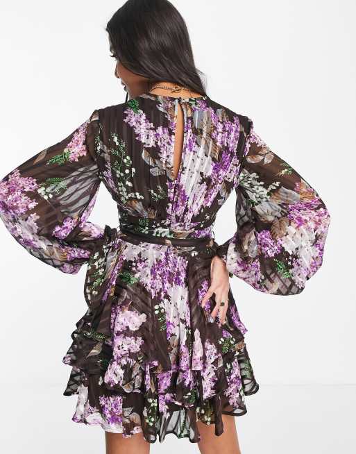 ASOS DESIGN button-front mini dress in satin stripe with belt detail in bright floral, 4 of 4