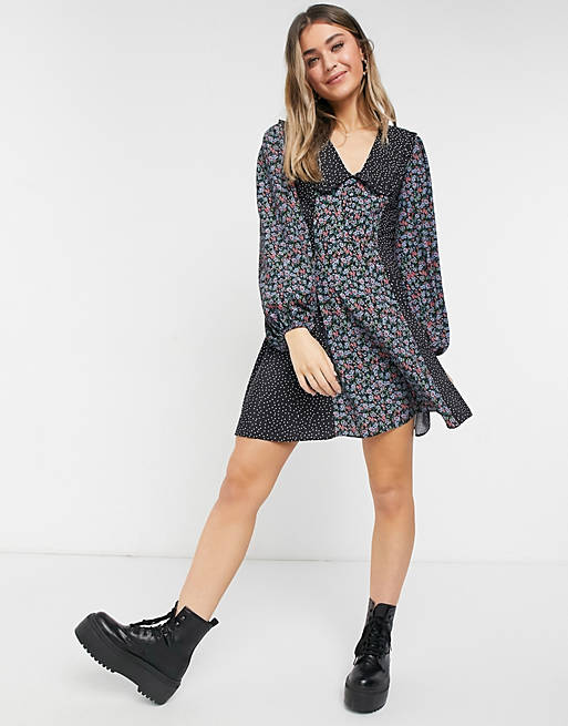 ASOS DESIGN button front mini skater dress with collar in mixed ditsy ...