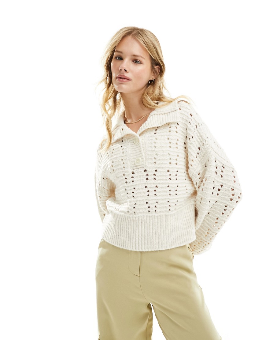 ASOS DESIGN button front open stitch jumper in cream-White