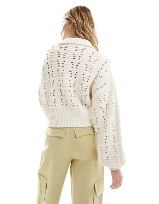 ASOS DESIGN button front open stitch sweater in cream, 3 of 4