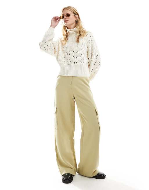ASOS DESIGN button front open stitch sweater in cream, 4 of 4