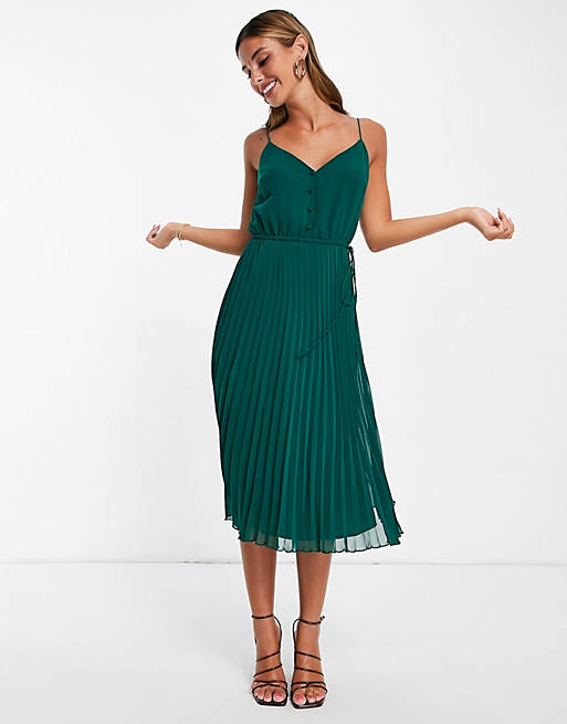 Women button front pleated cami midi dress with drawstring waist in forest green 