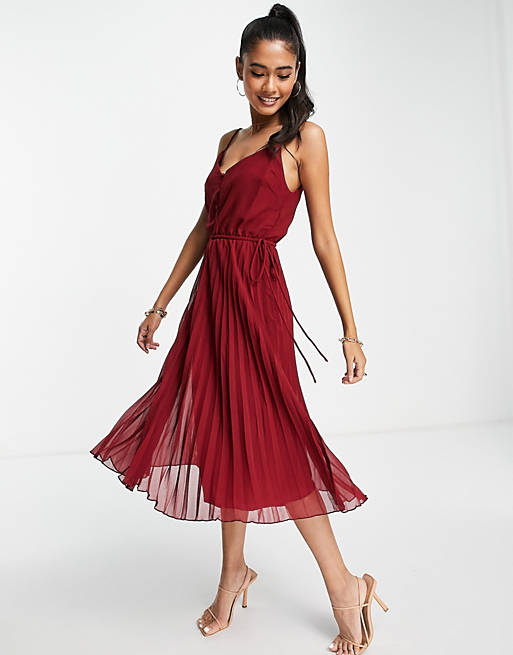 ASOS DESIGN button front pleated cami midi dress with drawstring waist in oxblood