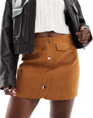 button front pocket detail faux suede skort in tan-Brown