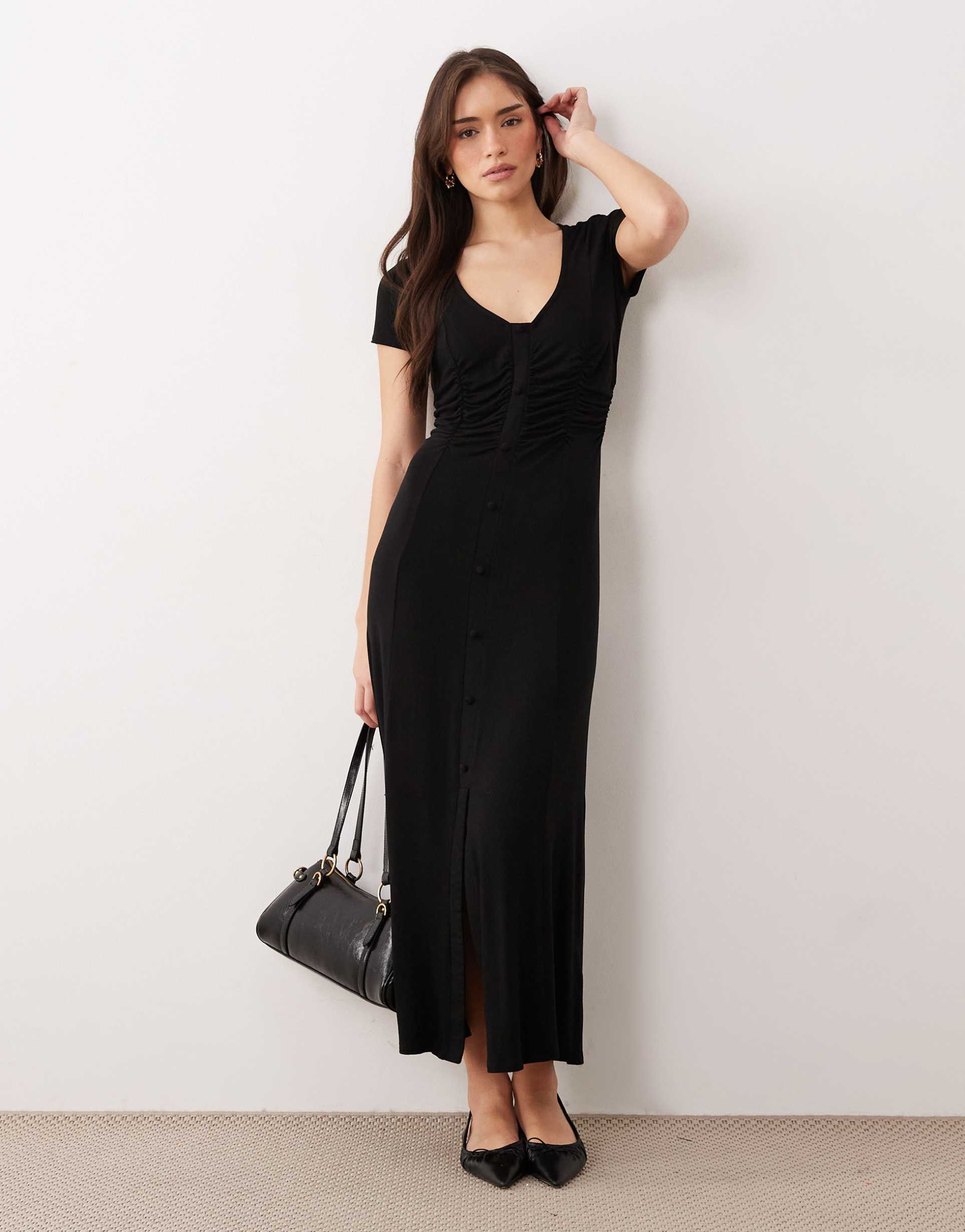 asos design button front ruched waist day dress in black