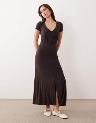 Asos Design Button Front Ruched Waist Day Dress In Brown