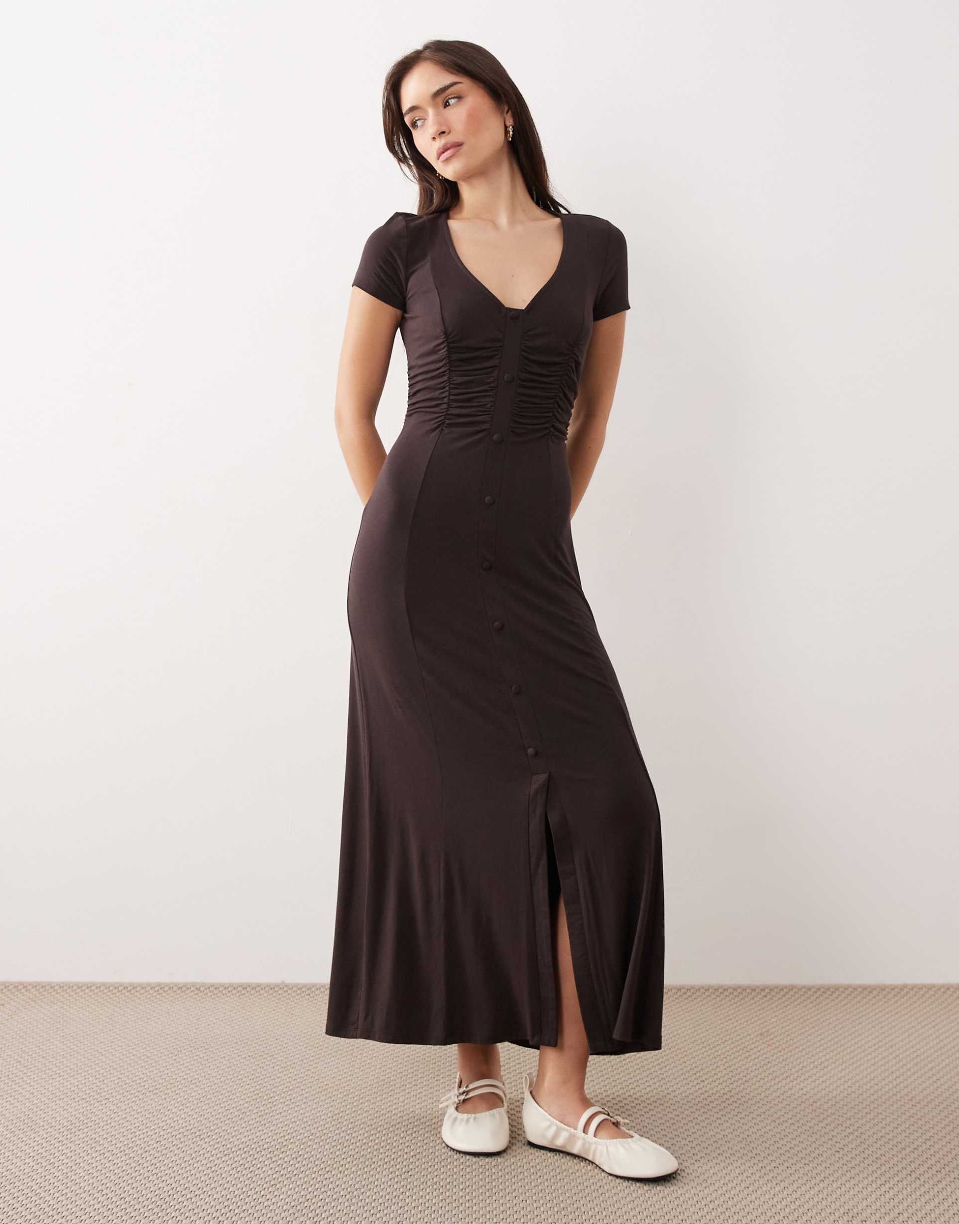 asos design button front ruched waist day dress in chocolate