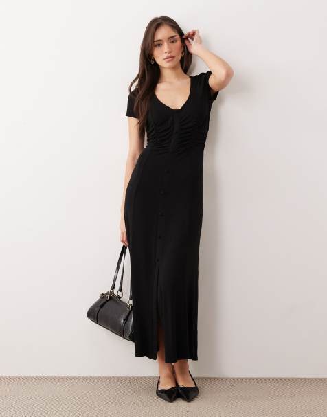 ASOS DESIGN button front ruched waist tea dress in black