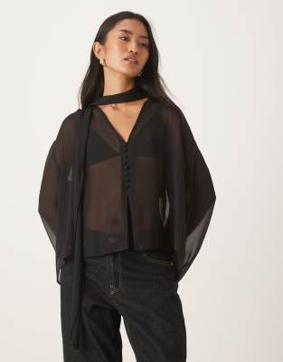 Asos Design Button Front Scarf Detail Blouse In Black