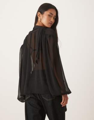 Asos Design Button Front Scarf Detail Blouse In Black