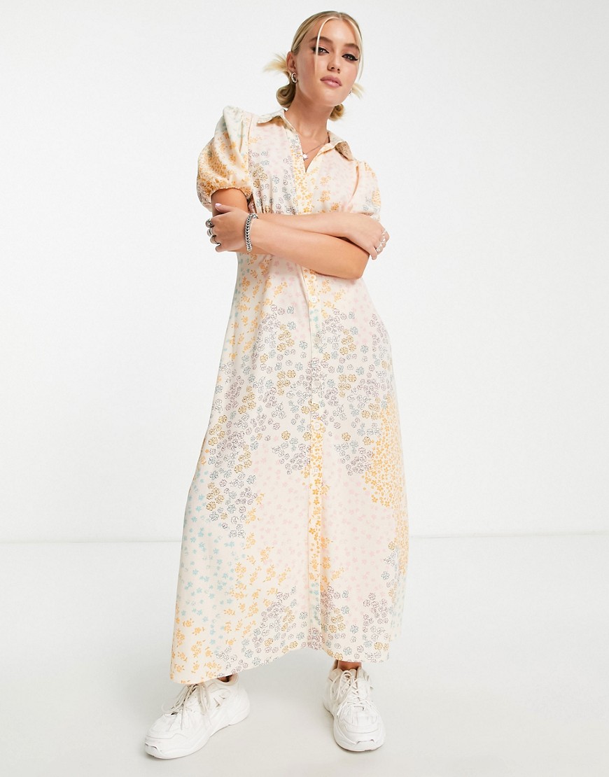 ASOS DESIGN button front shirt midi tea dress in mix scale floral print-Multi