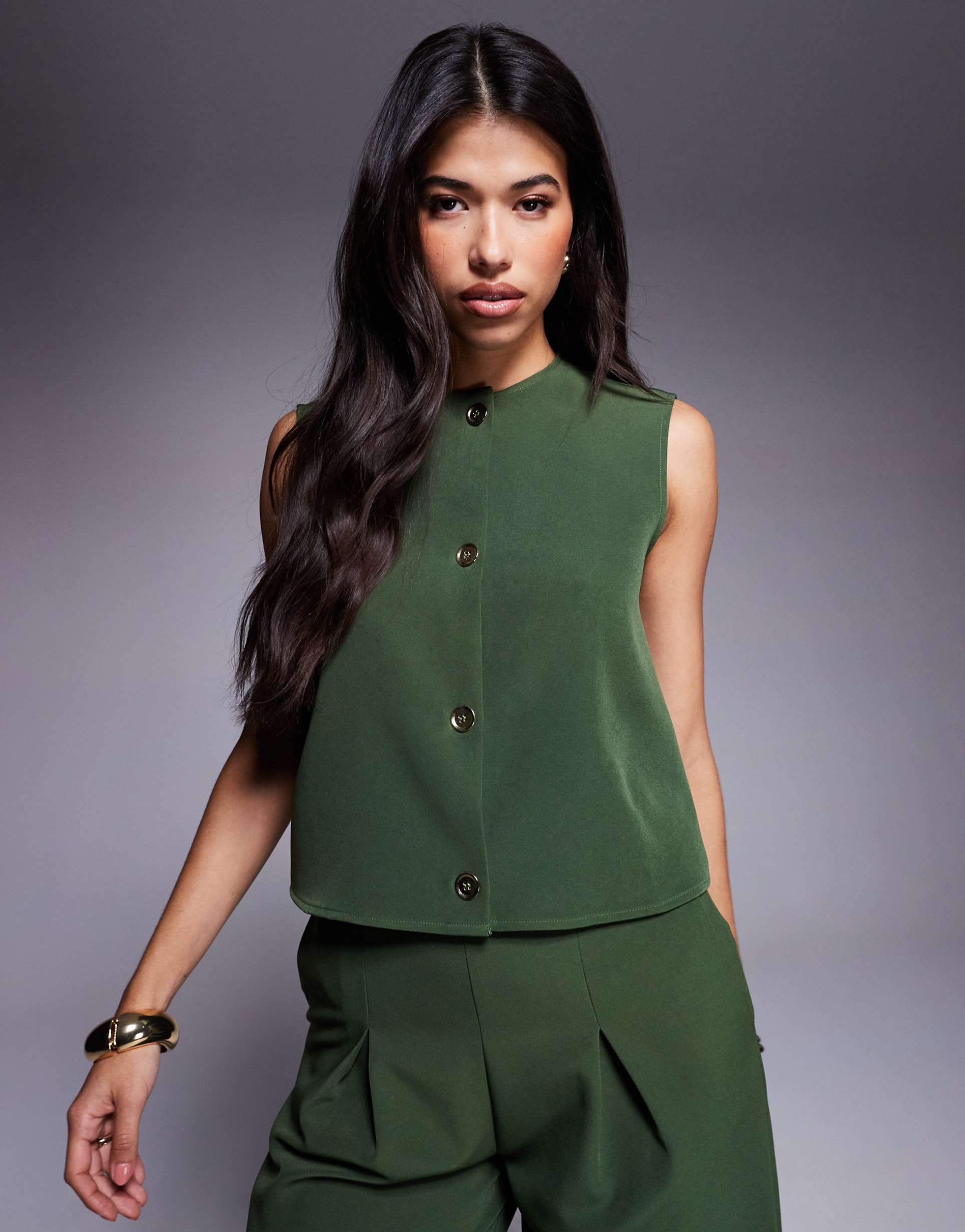 asos design button front sleeveless top in khaki green - part of a set