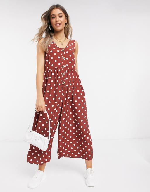 Asos Design Button Front Smock Jumpsuit In Brown And Cream Spot Asos