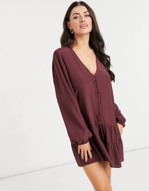 ASOS DESIGN button front smock romper in oxblood