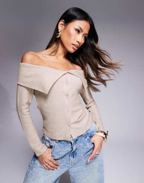 ASOS DESIGN button front super soft fold back bardot top in cream - view 1