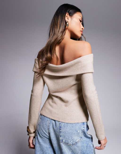 ASOS DESIGN button front super soft fold back bardot top in cream