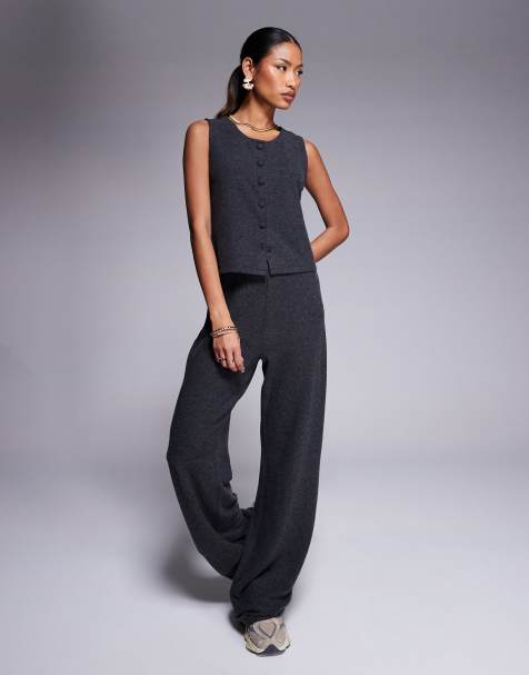 ASOS DESIGN button front supersoft vest and wide leg pants set in charcoal - view 1