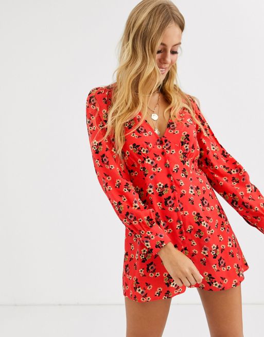 ASOS DESIGN button front swing playsuit in red ditsy floral | ASOS