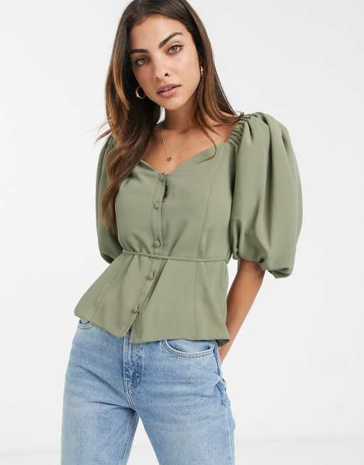 ASOS DESIGN button front tea blouse with puff sleeve | ASOS