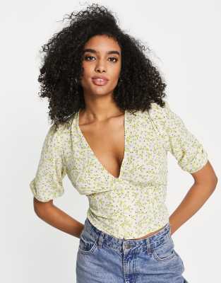 Asos Design Button Front Tea Blouse With Volume Sleeve And Tie Back Detail In Yellow Ditsy Print-Multi