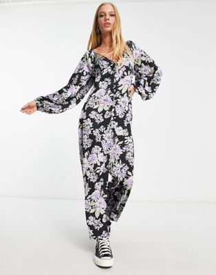 Asos Design Button Front Tea Jumpsuit With Lace Insert In Dark Floral Print-multi