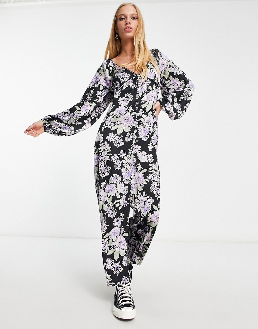 ASOS DESIGN button front tea jumpsuit with lace insert in dark floral print-Multi